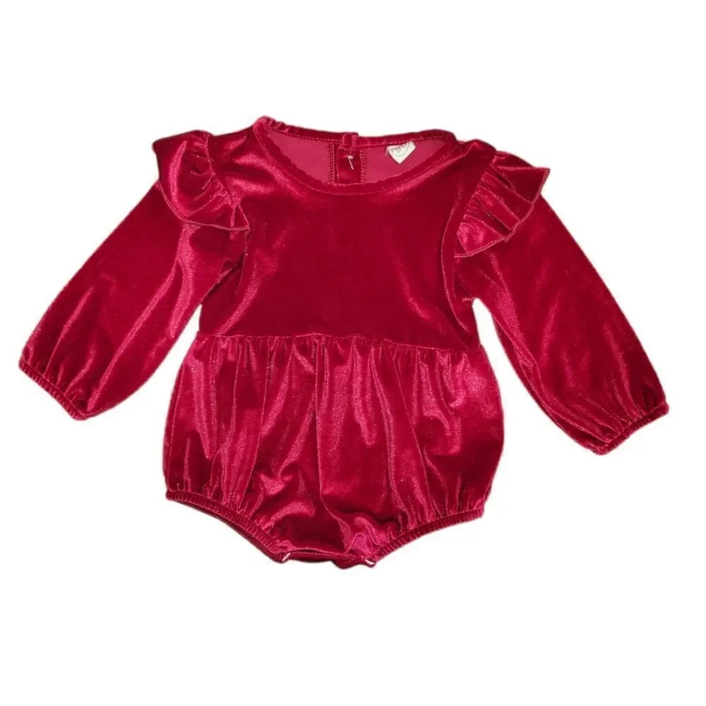 NWOT Red Cranberry Candy Apple Velvet Long Sleeve Bubble Romper Girls 18-24M